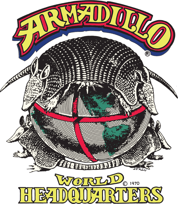 The original Armadillo World Headquarters logo by Jim Franklin: an armadillo wrapped around the globe under arched ARMADILLO lettering, with WORLD HEADQUARTERS below.