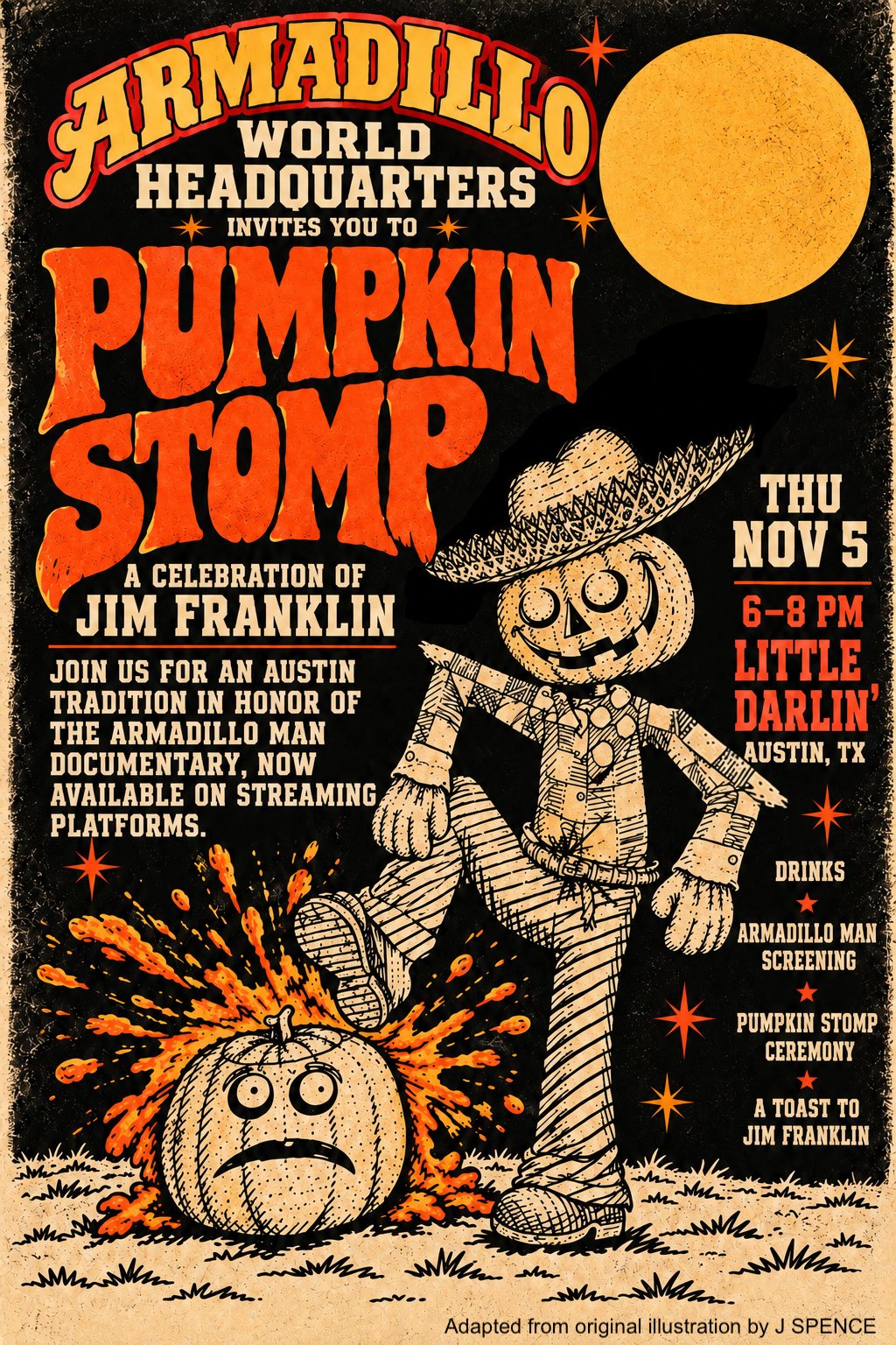 Pumpkin Stomp poster: a grinning scarecrow in a straw hat stomps a pumpkin under a full moon. Armadillo World Headquarters invites you to Pumpkin Stomp, a celebration of Jim Franklin. Thursday, November 5, 6 to 8 PM, Little Darlin', Austin, Texas.
